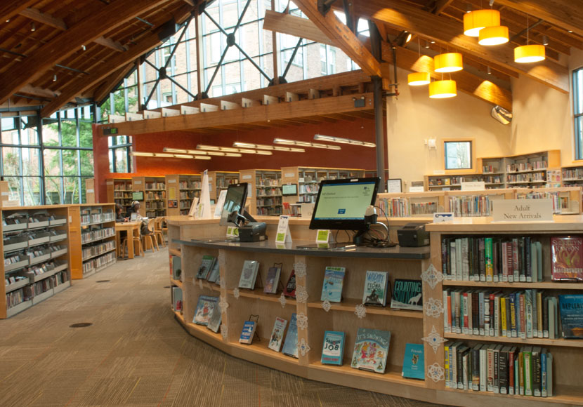 Interior view of sweeping roof forms at the Beacon Hill Branch