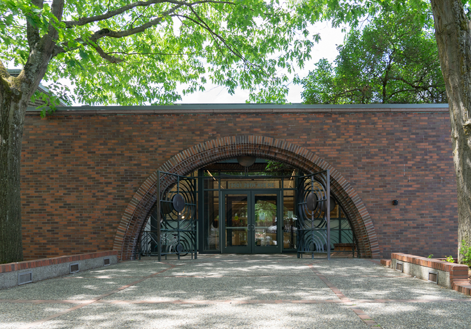 Exterior view of bronze gate by George Tsutakawa at the Lake City Branch